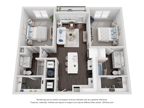 A 3D floor plan of a small apartment with a kitchen, living room, and bathroom.